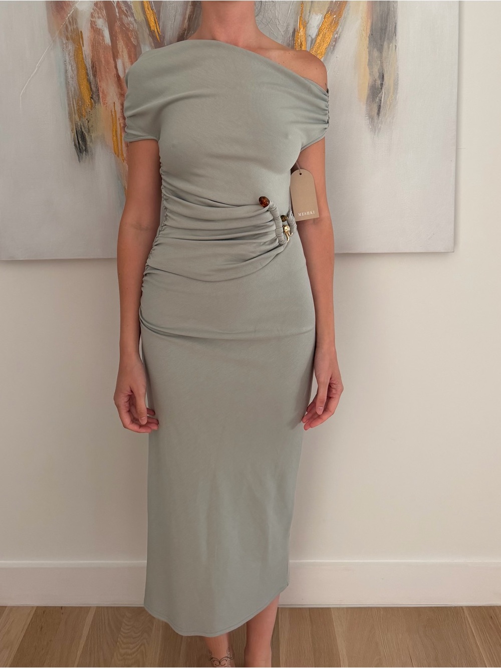 Meshki One-Shoulder Ruched Midi Dress in Sage